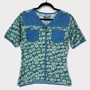 Pcc Girls Button Down Shirt Large Denim Floral Boho Hippie Y2K Granola Girl